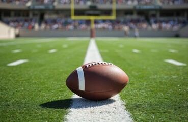 Fototapeta na wymiar American football rests on green grass field near yard line, white markings visible. Stadium stands blurred in background with spectators. Focus on leather pigskin ready for game play.