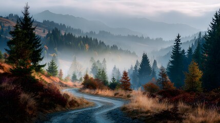 Winding mountain road through autumn forest landscape scenic drive misty morning nature photography travel destination