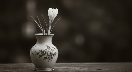 Vintage Vintage black and white photo of a white Crocus in an old, forgotten vase Nostalgic