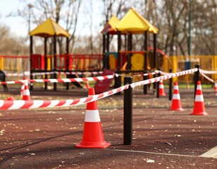 Plaza p&uacute;blica con cintas de prohibido el paso (aislamiento social)