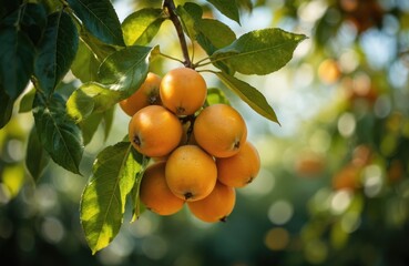 Cluster of ripe orange loquats on tree branch bathed in soft sunlight. Rich green leaves surround fruit, creating natural garden backdrop. Focus on fresh, organic growth and healthy produce.