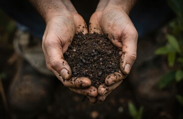 Farmer weathered hands gently hold rich organic soil, dedicated care, sustainability in agriculture. Close-up image highlights farmer connection to land, importance of healthy soil for crop growth,