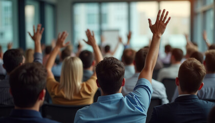 Group of people raising hands during a business meeting in office  