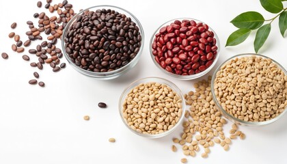 Three glass bowls filled with coffee beans, legumes. Dark roast coffee beans, red kidney beans, light roast coffee beans displayed on white background with scattered beans, green leaves. Minimalist