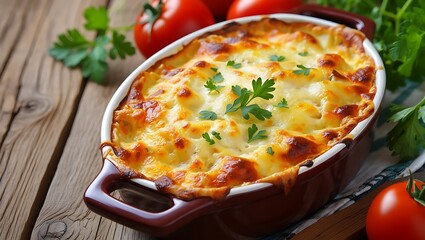 Delicious Homemade Lasagna Baked to Perfection Served with Fresh Tomatoes and Parsley Garnish Ready to Eat Family Dinner Italian Cuisine