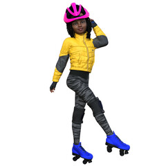 3D rendered young girl in yellow jacket and roller skates, wearing a pink helmet and knee pads, isolated on transparent background