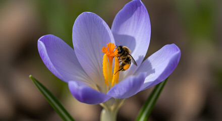 Fototapeta premium With Insects Macro shot of a blue Crocus with a tiny bee collecting pollen, shallow depth of field Natural