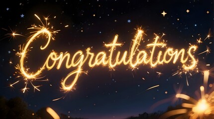 Sparkler Writing “Congratulations” in Glowing Light on a Dark Night Sky Background