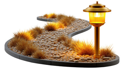 Pathway Illumination: A winding pathway, elegantly illuminated by a warm, golden lamp.