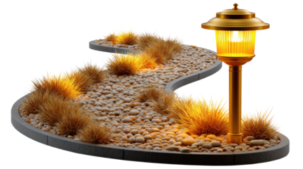 Pathway Illumination: A winding pathway, elegantly illuminated by a warm, golden lamp.