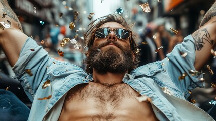 A man with sunglasses and a beard is surrounded by floating confetti. His relaxed pose and the confetti suggest a celebratory and joyful moment.
