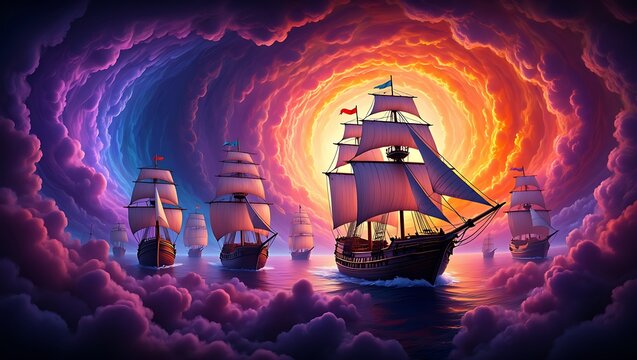 Majestic sailing ships navigate a fiery cosmic nebula