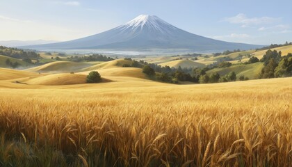 Fototapeta premium Golden wheat field with rolling hills leads to majestic snow-capped mountain under clear blue sky. Rich green trees dot landscape, creating serene, idyllic rural scene. Picturesque view captures