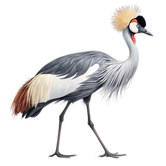 Fototapeta premium A grey crowned crane stands elegantly on one leg. It has a distinctive golden crown of feathers and a striking red patch near its eye.