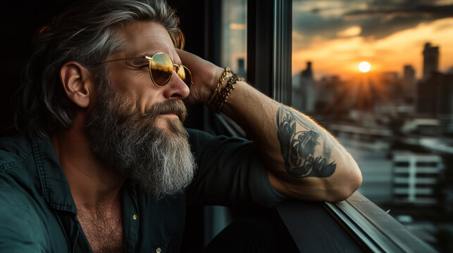 A man with a beard and tattoos is resting his head on his hand, looking out a window. The cityscape and sunset in the background create a contemplative and serene atmosphere.