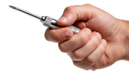 Precise Grip: A close-up view showcasing a human hand holding a screwdriver with an unwavering focus and determined grip.