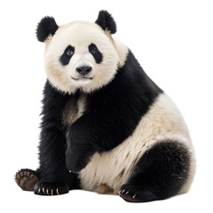 Obraz premium A giant panda sits calmly, showcasing its distinctive black and white fur. The panda has a round face and large, expressive eyes, exuding a gentle demeanor.