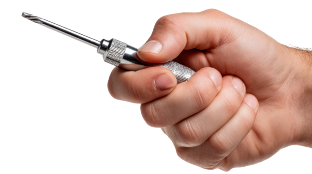 Precise Grip: A close-up view showcasing a human hand holding a screwdriver with an unwavering focus and determined grip.