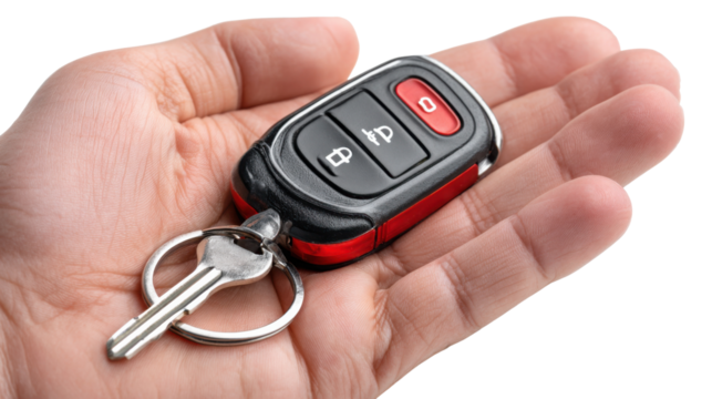 Car Key in Hand: A detailed shot shows a car key held in the palm of a hand, featuring its remote and key features. This shot is a visual metaphor for mobility, ownership, and accessibility.