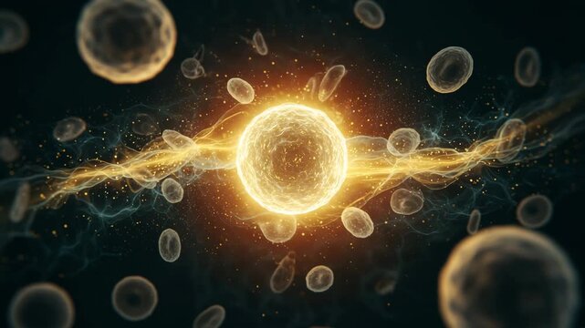 Microscopic view of a human cell with glowing energy field