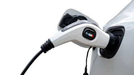 Charging an Electric Vehicle:  A sleek electric vehicle is being charged. Modern charging equipment, a symbol of green technology, is plugged in, and symbolizing a commitment to sustainability.