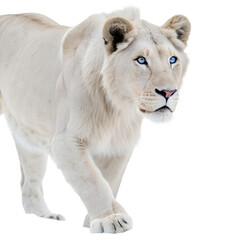 Obraz premium A white lion with striking blue eyes walks gracefully. Its fur is pale and fluffy, showcasing its majestic presence in a dark background.