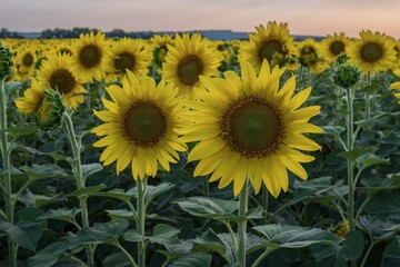 Sunflower field with bright yellow blooms in rows under a blue sky. Scenic rural summer landscape...