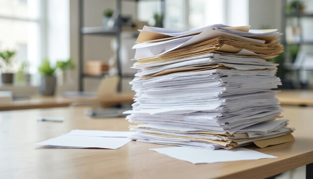 Disorganized stack of office papers, documents on wooden desk symbolizes business chaos, workload. Unsorted files, folders, notes create cluttered workspace, reflecting stress, need for organization.