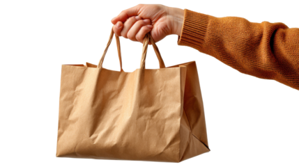 Paper Bag Delivery: A close-up shot of a hand gripping a paper bag, emphasizing its texture and the act of delivery or carrying, perfect for themes of shopping, convenience, and eco-friendly choices.