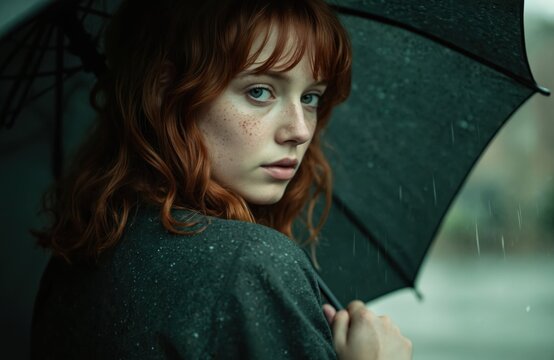 Redhead woman with freckles, holding dark umbrella in rain. Looking over shoulder, wet hair, moody atmospheric style. Green jacket, intense gaze, feminine allure, cinematic portrait.