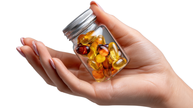 Hand Holding Vitamins Jar: An intimate close-up shows a female hand delicately cradling a clear glass jar brimming with assorted vitamins.