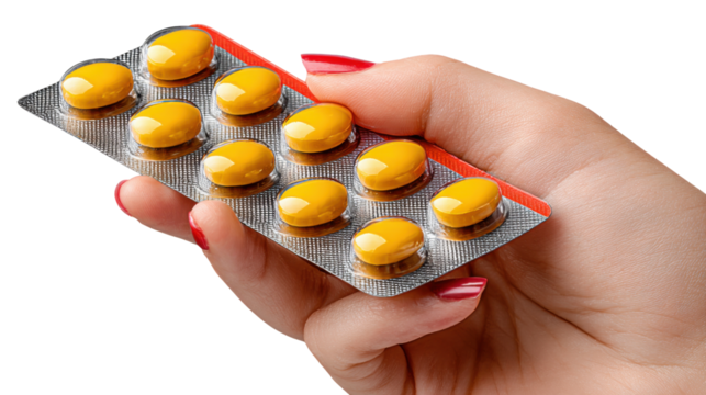 Tablet blister pack: A close-up captures a hand gracefully holding a blister pack filled with round, yellow tablets, the focus sharply fixed on the medication