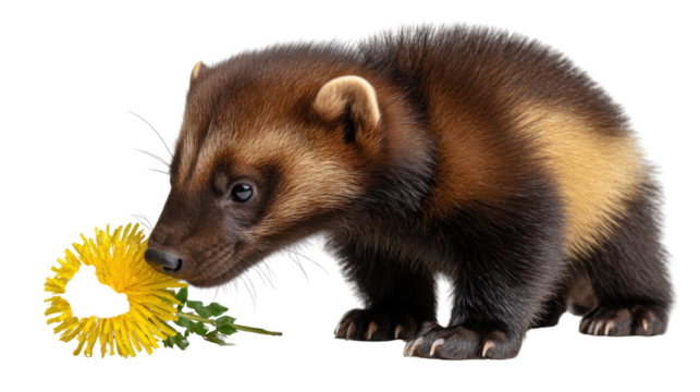 Wolverine's Floral Discovery: A charming wolverine sniffs at a vibrant yellow dandelion in a moment of natural exploration, revealing the intriguing curiosity of this wild animal.