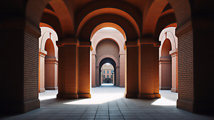 Fototapeta premium Geometric lines and shapes dominating the composition, focusing on the intricate brick patterns and window frames of a vintage building. Dramatic directional lighting highlights the textures and edges