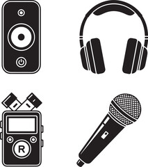 Vector art of collection of audio recording equipment including a speaker, headphones, microphone, and digital recorder, isolated on white background