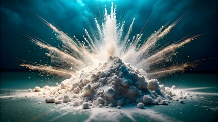Powerful explosion of white powder against dark background