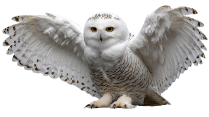 Majestic Snowy Owl in Flight: A striking image of a snowy owl, with its wings fully extended in mid-flight. Its striking yellow eyes and patterned feathers add to its overall beauty.