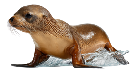 Playful Pup: A single, young sea lion gracefully moves through water, its sleek, brown coat glistening in the sunlight, as it splashes and plays in the surf.