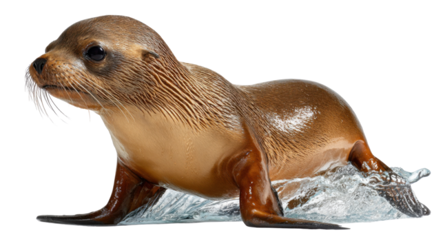 Playful Pup: A single, young sea lion gracefully moves through water, its sleek, brown coat glistening in the sunlight, as it splashes and plays in the surf.