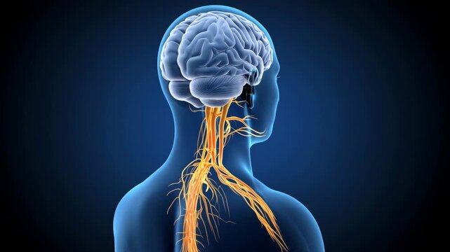 A close-up of a human head with a detailed nervous system