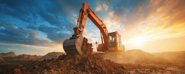 Powerful excavator digs earth at golden hour construction site. Heavy machinery operates under dramatic orange sky, creating dust clouds with hydraulic arm, bucket, symbolizing industrial development.