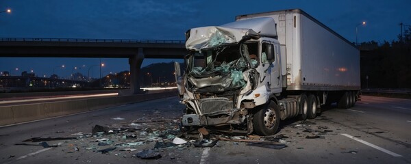 Semi-truck sits damaged on highway at night after severe collision. Front of cab heavily crumpled with shattered glass littering road. Debris scattered across asphalt, indicating force of impact.