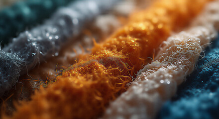 Closeup macro of intricate fabric weave, metallic grain, wooden grain pattern, stone texture, and paper fibers blending together harmoniously. Dramatic directional lighting highlights each surface det