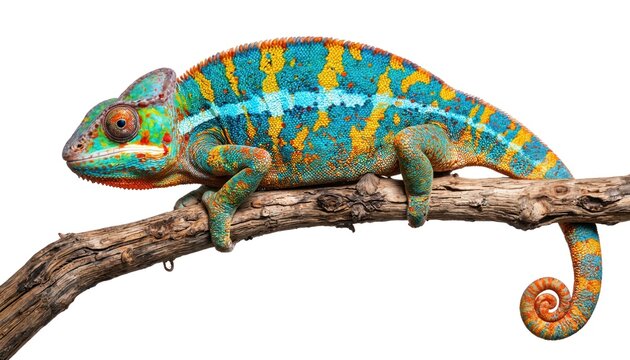 Vibrant blue, orange chameleon perched on rough tree branch against clean white background. This reptile showcases intricate scale patterns, curled tail, highlighting its unique, colourful nature.