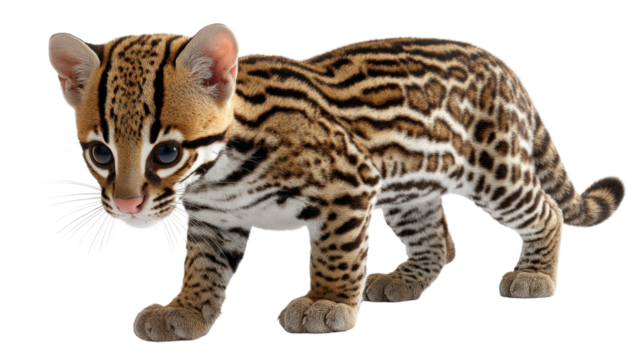 Ocelot in Focus: A captivating ocelot gracefully walks, its striking coat pattern and curious gaze drawing the viewer's eye.