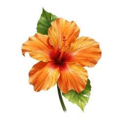 Vibrant orange tropical hibiscus flower detailed illustration. Exotic bloom features delicate petals, prominent stamen, and rich green leaves against clean white background, perfect for summer themes.
