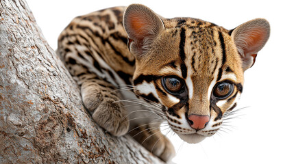 Fototapeta premium Ocelot in the wild : An Ocelot kitten peers down from the branch. Capturing the charm of the wild, from its mesmerizing eyes, the majestic coat and the untamed beauty of nature.
