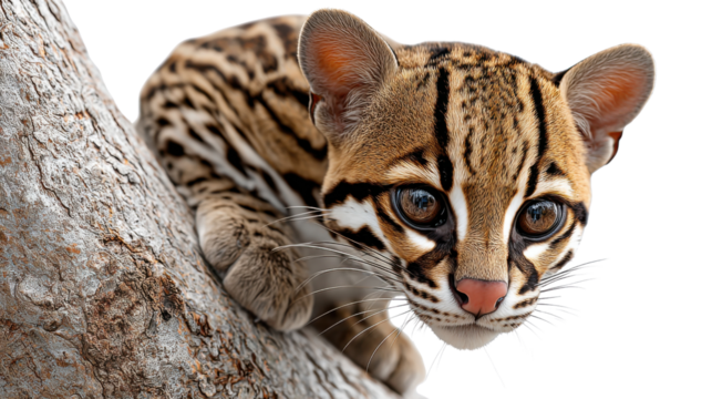 Ocelot in the wild : An Ocelot kitten peers down from the branch. Capturing the charm of the wild, from its mesmerizing eyes, the majestic coat and the untamed beauty of nature.