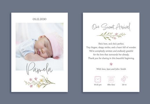 Printable baby announcement & thank you card template with delicate floral watercolor accents, customizable layout with photo placeholder and editable newborn stats (weight, length, date, time).