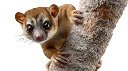 The Curious Glance of a Kinkajou: An adorable Kinkajou peers out with innocent curiosity from the embrace of a textured tree branch, capturing a captivating moment of nature's beauty.